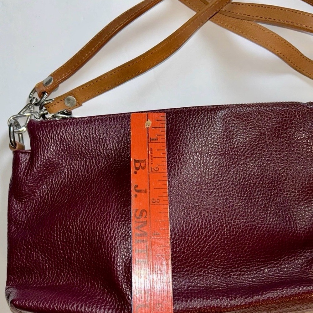 Valentina Women's Burgundy Leather Crossbody Bag with Tan Strap - Picture 5 of 10